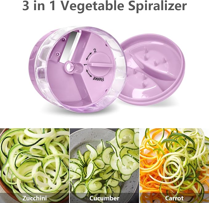 3 in 1 Vegetable Spiralizer Slicer, Adjustable Zucchini Carrot Noodle Maker, Cucumber Spiral Cutter, Easy to Use Kitchen Tool（Pink）