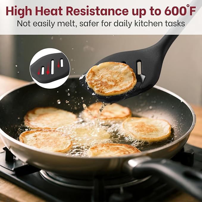 Silicone Spatula Set (BPA-Free), 600°F Heat Resistant Spatulas for Non-Stick Pans, 2 Pack Solid & Slotted Silicone Turner, One-Piece Cooking Spatula Turners for Kitchen Use, Black