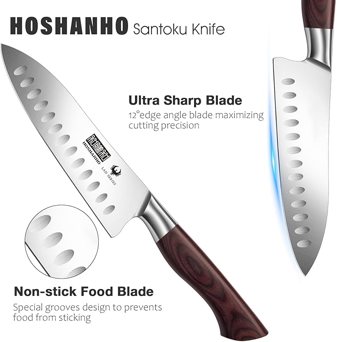 HOSHANHO Santoku Knife 7 Inch, Professional High Carbon Stainless Steel Kitchen Knife, Super Sharp Cooking Knife with Ergonomic Wood Handle