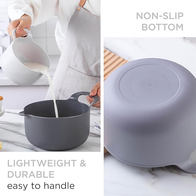 COOK WITH COLOR Nesting Plastic Mixing Bowl Set with Pour Spouts and Handles, Grey, 4 Piece Non-Slip