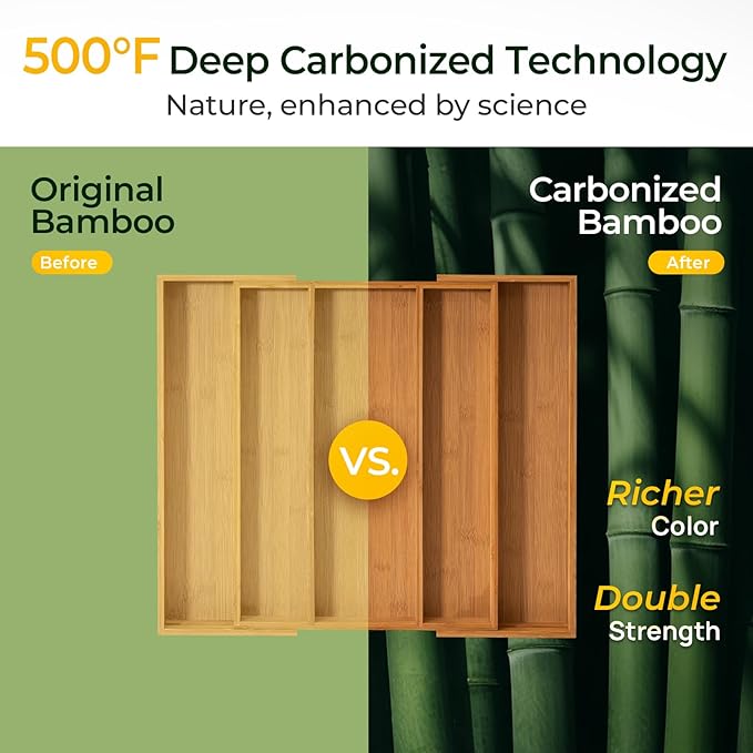 Carbonized Bamboo Kitchen Drawer Organizer, 5 Slots Expandable Silverware Organizer, Utensil Holder & Cutlery Tray, 2.2" Deep for Extra Capacity, Non-Slip Feet Included
