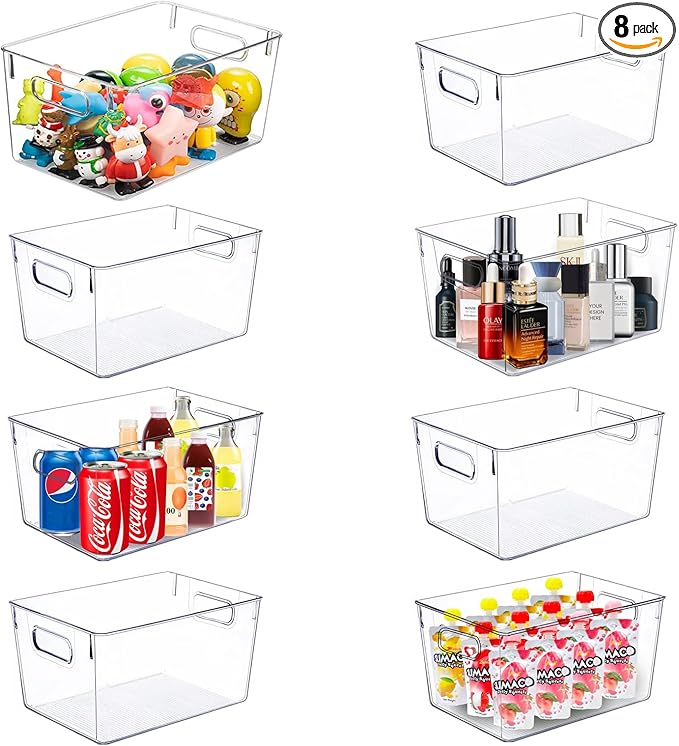 Set of 8 pack Clear Plastic Storage Bins, Pantry Organization and Storage, Clear Organizing Bins for Kitchen Organization, Freeze Storage, Home Edit and Cabinet Organizers (8Large)