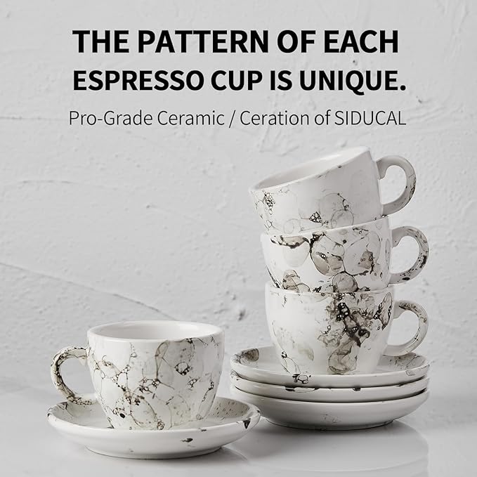 SIDUCAL Espresso Cups Set of 4,6 Ounce Ceramic Coffee Cups with Saucers,Porcelain Double Espresso Cup Set,Gift Box for Boyfriend Gift(White)