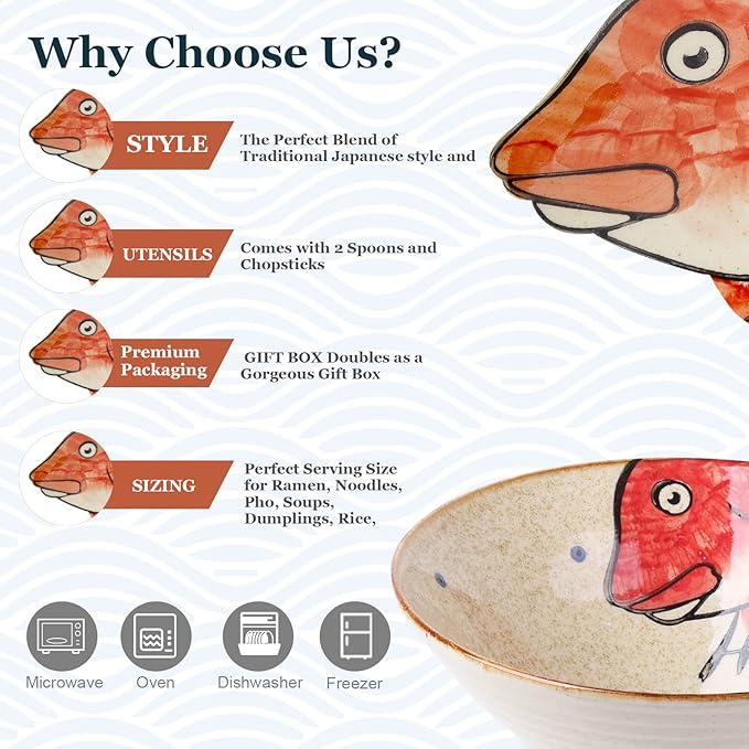 NJCHARMS Ceramic Japanese Ramen Noodle Soup Bowl, 2 Sets (6 Piece) 60 Ounce, with Matching Spoon and Chopsticks for Udon Soba Pho Asian Noodles, Red