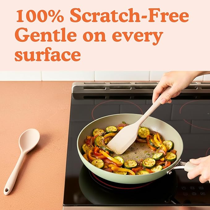 Non-Toxic Platinum Silicone Kitchen Utensil Set of 2 – Non-Scratch Cooking Spoon & Spatula, 100% Plastic Free, Stainless Steel Core, Heat Resistant 500°F, Beige