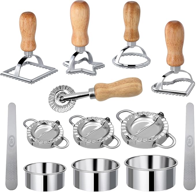 [14 Pieces Upgraded] Ravioli Pasta Cutter Wheel Set, Ravioli Maker Cutter with Roller Wheel with Wooden Handle, Pasta Press Wheel Pasta Tools For Pasta Making Dumplings, Pierogi (14-Pcs Set)