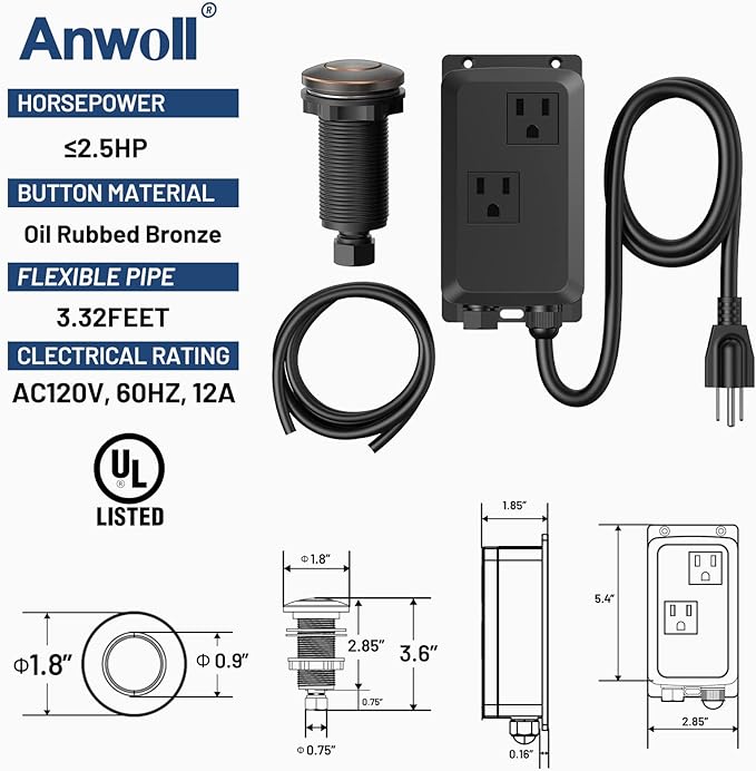 Garbage Disposal Air Switch Kit -Professional- Dual Outlet, Sink Top Waste Disposer On/Off, Garbage Disposal Button, Brass Made Cover, UL Listed