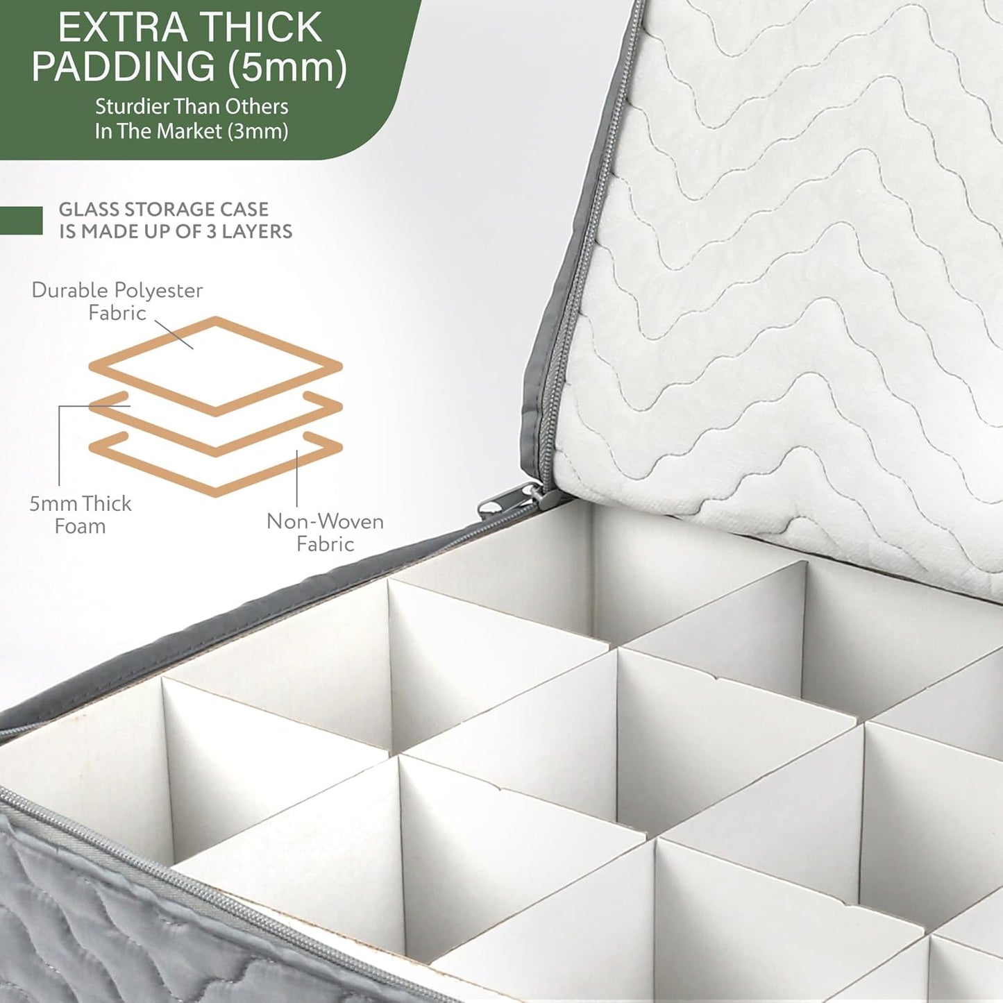 LotFancy Stemware Storage Containers, 2-Pack, Deluxe Quilted Storage Case with Dividers for 24 - Wine Glasses, Champagne Flutes, Glassware, Drinkware Storage Box Chest, 15.5”x12.5”x 10”, Gray