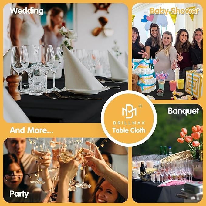 BRILLMAX 6 Pack Black Tablecloths for 8 Foot Rectangle Tables 90 x 156 Inch - 8ft Rectangular Bulk Linen Polyester Fabric Washable Cloth Cover for Wedding Reception Banquet Birthday Party