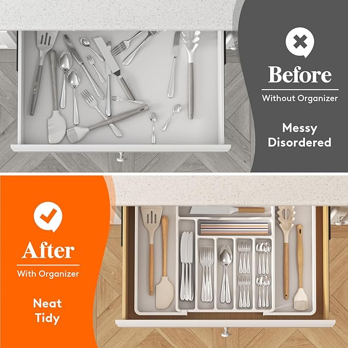Lifewit Silverware Drawer Organizer, Expandable Utensil Organizer for Kitchen Drawers, Adjustable Cutlery and Flatware Tray, Plastic Spoons Forks Knives Holder Storage Dividers, Large, White