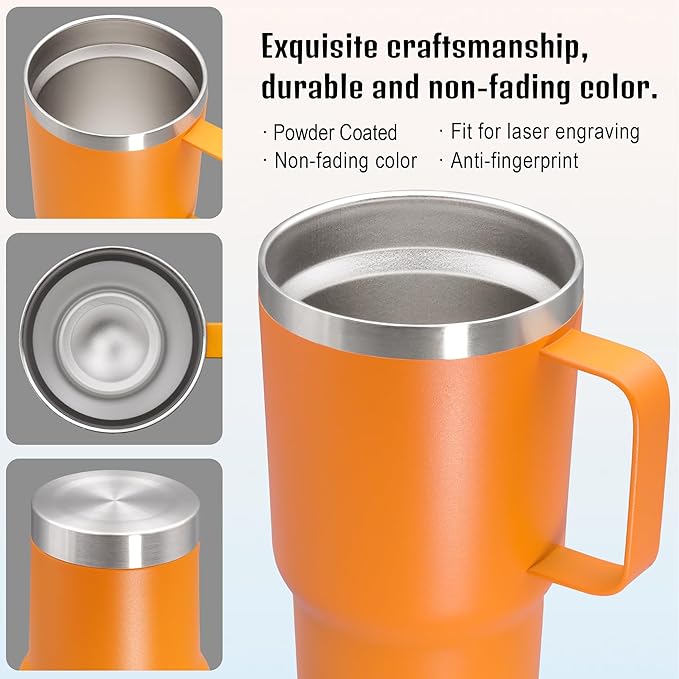20 oz Tumbler with Handle and Lid, Stainless Steel Tumbler Insulated Travel Coffee Mug, Spill Proof Double Wall Vacuum Tumbler Cup Keep Drink Hot & Cold, Orange, 6 Pack