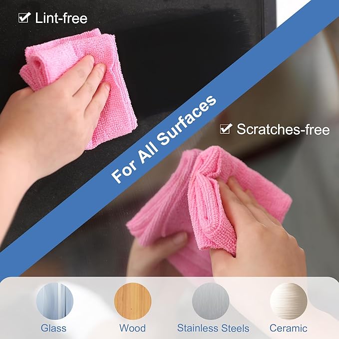 LIVOS 50 Pack Microfiber Cleaning Cloth in Box, Reusable Cleaning Rags, 11.5"x11.5", Edgeless Microfiber Wipes, Lint Free, Absorbent Shop Towels for Kitchen, Car, Glass (Pink)