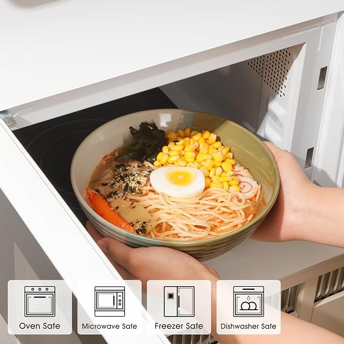 NUTRIUPS Set of 2 Ceramic Ramen Bowls with Spoons & Chopsticks, 40oz Large Soup Bowls for Udon, Miso, Noodles (Tri-Color Modern)