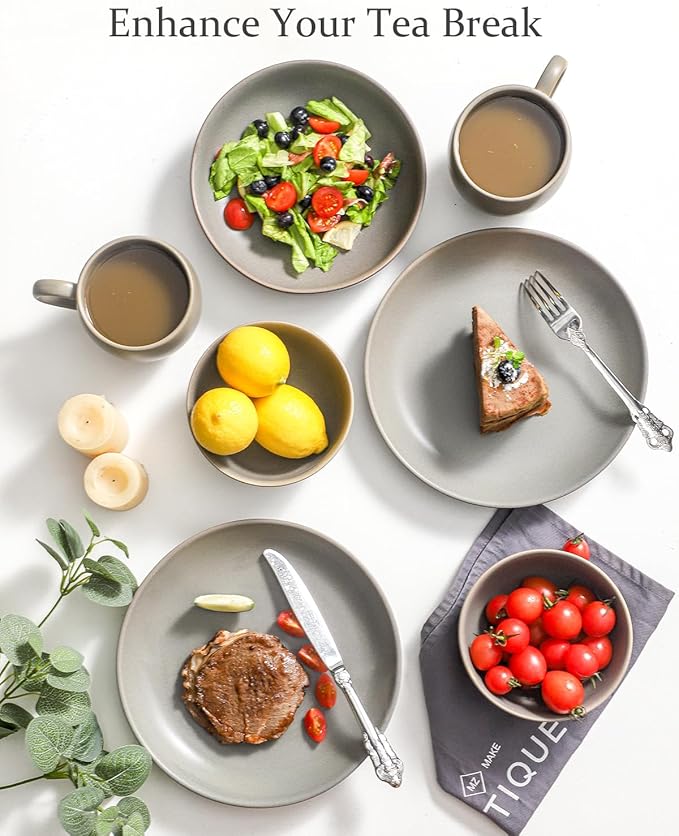 Dinnerware Sets for 4, 12 Pieces Stoneware Plates and Bowls Sets, Ceramic Dishes Set of 4, Scratch Resistant Dishware Sets, Dishwasher & Microwave Safe, Grey