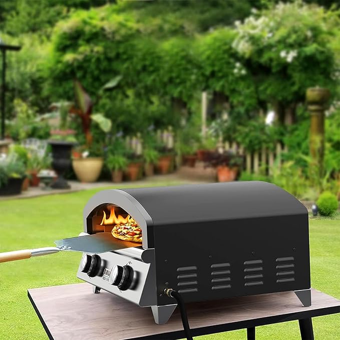 25 Inch Outdoor Gas Pizza Oven, Portable Propane Pizza Oven with Large Baking Stone - Make 2 Pizzas At Once - Multifunctional Stainless Steel Grilling Stove to Cook Steak Meat Seafood