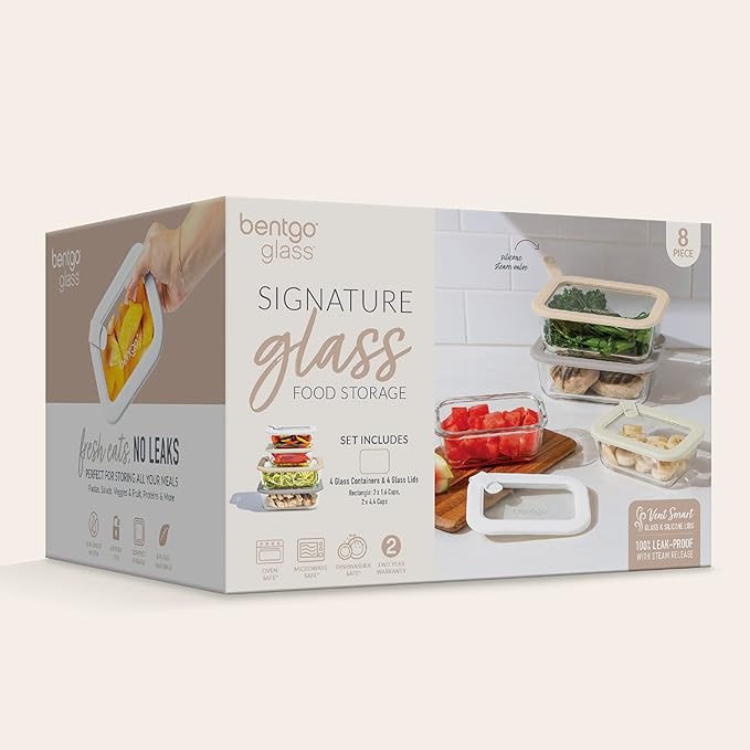 Bentgo Signature Leak-Proof Glass Food Storage - 8-Piece Set, 1-Compartment Plastic-Free Containers with Airtight Glass Lids, BPA-Free, Microwave, Freezer, Oven & Dishwasher Safe (White Stone)