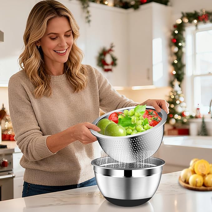 Mixing Bowls with Lids Set - 16pcs Stainless Steel Mixing Bowl Set with Colander, 3 Grater Attachments, Non-Slip Bottom, Metal Nesting Bowls with Strainer for Mixing & Serving - Black