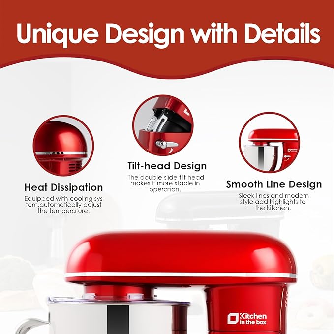 Kitchen in the box Stand Mixer - 6.5 Quart Mixing Bowl with Handle, 900 Watt Powerful Heavy Bread Dough Mixers Tilt-head with Dough Hook, Whisk, Flat Beater and Splash Guard (Red)