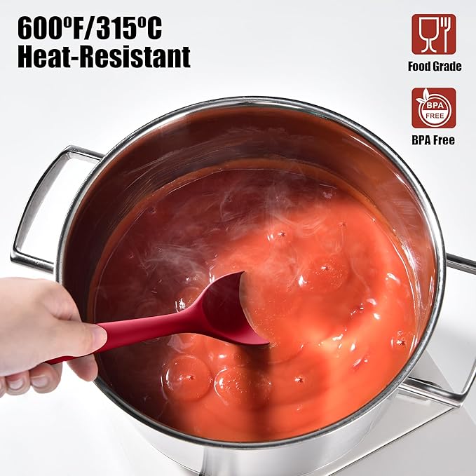 Doosu Silicone Spoon Spatula Set of 2, 600ºF Heat-Resistant Food Grade Rubber Spoonula with Seamless Design, Non-Stick Dishwasher Safe Kitchen Utensils for Cooking, Baking, Mixing, Scraping (Red)