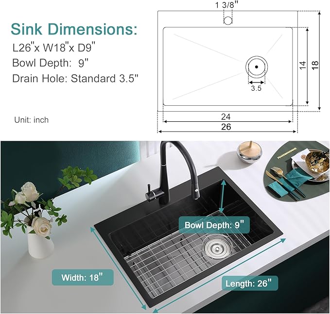26 inch Drop-in Black Kitchen Sink Single Bowl, Topmount Kitchen Sink with Protective Bottom Grid, Overmount 304 Stainless Steel Kitchen Bar Sink Handmade with Basket Strainer, 26×18×9 inch