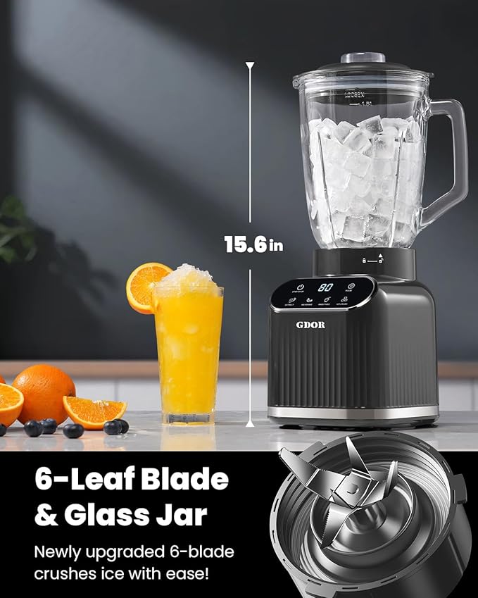 GDOR Professional Blender for Smoothies, 5 Functions, 1200 Peak Watts Smoothie Blender, 52 Oz Glass Jar & 24 Oz To-Go Cup Combo, Blenders for Smoothies, Ice and Frozen Fruit, Self-Cleaning, Gray