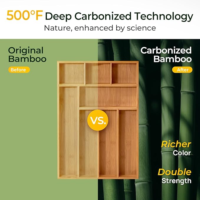 Carbonized Bamboo Kitchen Drawer Organizer, 8 Slots Silverware Organizer, Utensil Holder & Cutlery Tray, 2.2" Deep for Extra Capacity, Non-Slip Feet Included