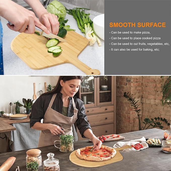 14 inch Natural Bamboo Pizza Peel Set of 2, Double-Sided Use Pizza Cutting Board with 8 Slice Grooves for Pizza, Bread, Cheese, Vegetable, Fruits