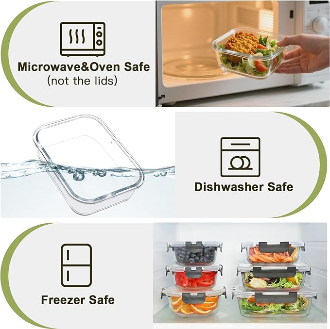 BAYZZ 30 Piece Glass Food Storage Containers Set, Glass Meal Prep Containers with Lids, Airtight Lunch Box, BPA-Free, Microwave, Freezer & Dishwasher Safe