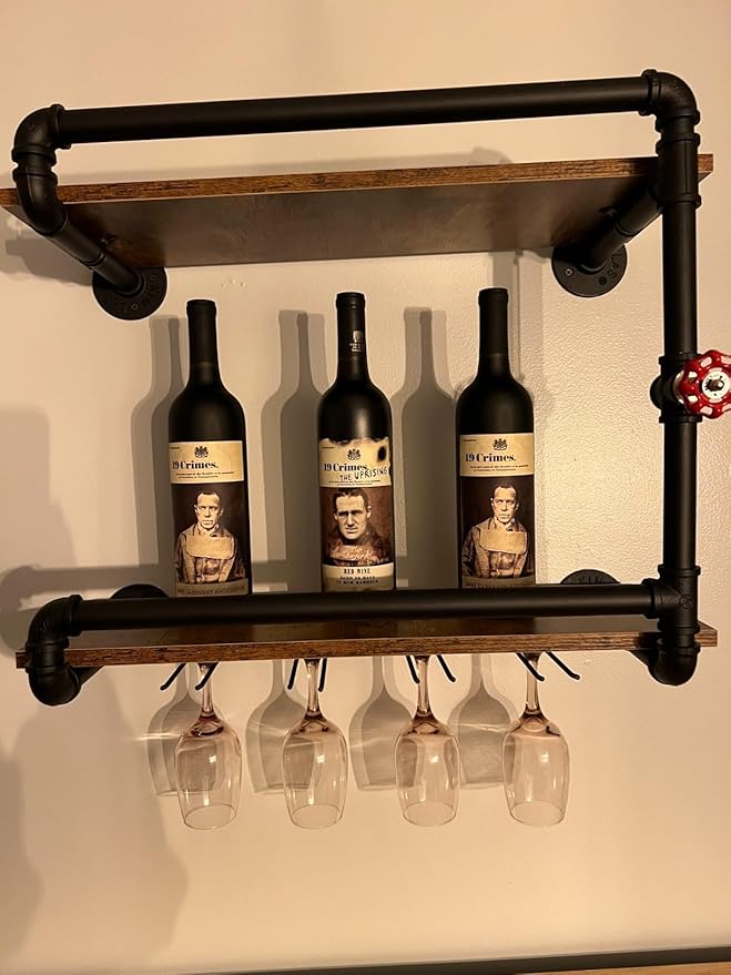 Wine Rack Wall Mounted 2 Tier, Hanging Floating Small Mini Bar Liquor Shelves with Glass Holder Storage Under, Industrial Rustic Pipe Farmhouse Kitchen Decor Black(23.6x10.6x19.7)