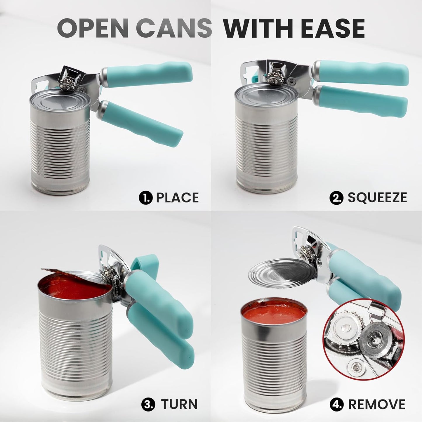 Zulay Kitchen Heavy Duty Stainless Steel Can Opener Manual with Bottle Opener - Rust Proof Manual Can Opener With Turn Knob & Comfy Soft Grip Handles - Teal