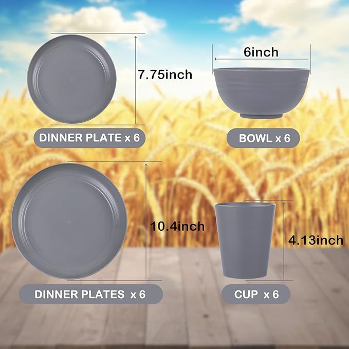 Supernal Wheat Straw Dinnerware Sets,Unbreakable Dinner Plates for 6,Microwave Dishwasher Safe,Reusable Dinnerware,Dark Gray Set 12pcs Plates, 6pcs Bowls, 6pcs Cups