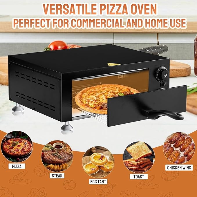 ROVSUN Electric Pizza Oven, 110V 1100W Stainless Steel Pizza Baker with Auto Shut-off, Handle, Removable Crumb Tray, Countertop Pizza Maker for Kitchen Commercial Home-Black