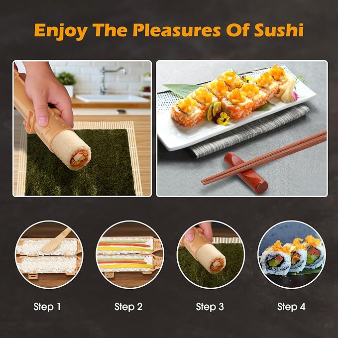 Sushi Making Kit,1 Bamboo Sushi Mat,1 Rice Bazooka, 5 Pairs of Chopsticks, 2 chopsticks holder,1 Paddle, 1 Spreader, ideal gift for Sushi making Beginner