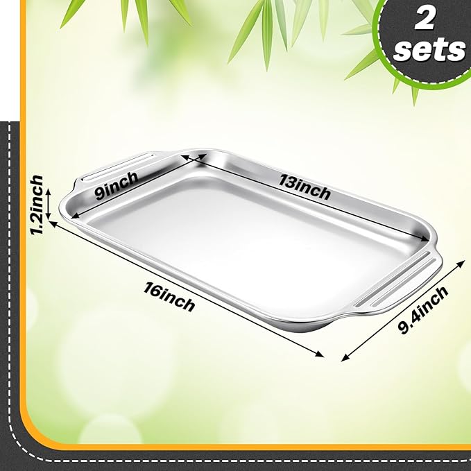2 Pcs Stainless Steel Baking Sheet Nonstick Cookie Pan Rectangle Bakeware Cookie Sheets Oven Pan for Fish Cakes Breads Casseroles Vegetables (Handle, 16" x 9" x 1.2")