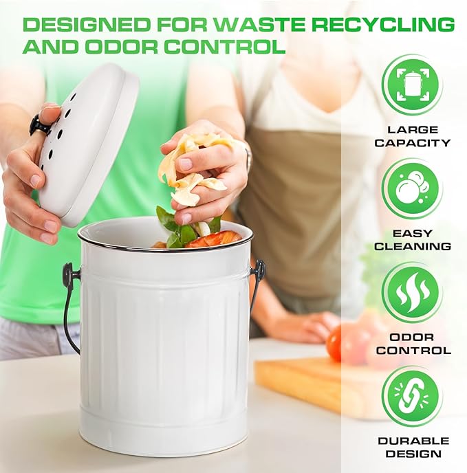 Plexon Countertop Compost Bin Kitchen with Lid, 1.5 Gallon Odorless Kitchen Compost Container, Steel Food Bucket with Charcoal Filter, Pail for Countertop, White