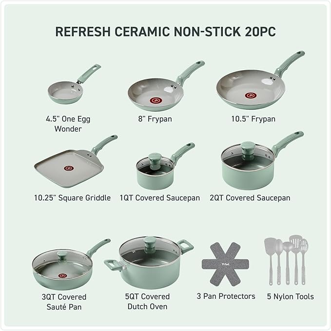 T-Fal Refresh Ceramic Nonstick Cookware Set, 20-Piece, Oven Safe to 350°F, Stockpot, Ceramic Pots and Pans Set, Frying Pans, Griddle, Utensils, Mint Green
