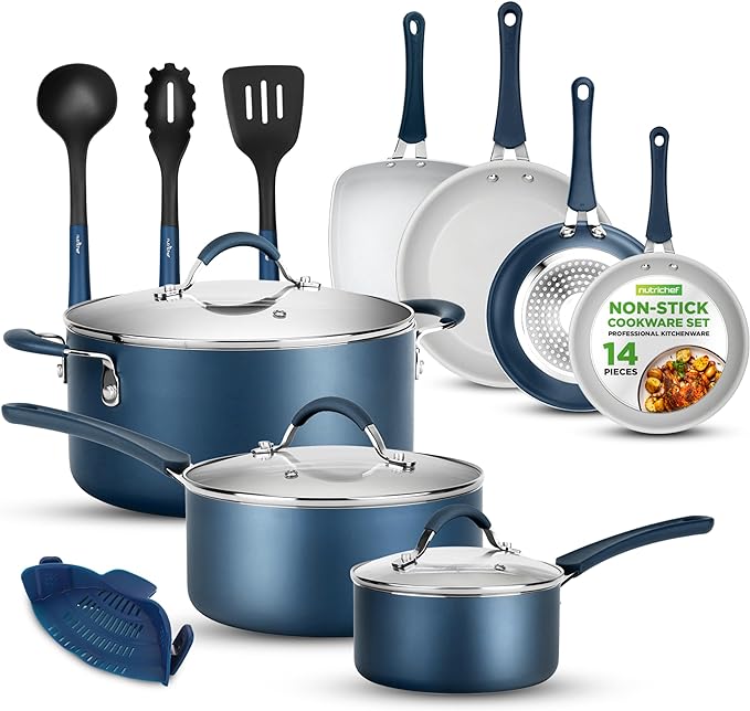 NutriChef Kitchenware Pots & Pans High-Qualified Basic Kitchen Cookware, Non-Stick (14-Piece Set), One Size, Blue