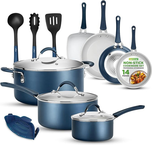 NutriChef Kitchenware Pots & Pans High-Qualified Basic Kitchen Cookware, Non-Stick (14-Piece Set), One Size, Blue