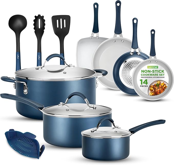 NutriChef 14-Piece Navy Blue Cookware Set - Durable Non-Stick Pots and Pans Set with Lids & Utensils, Compatible with All Cooktops