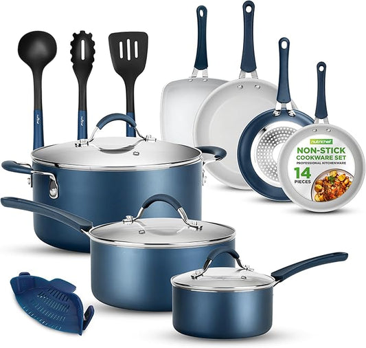 NutriChef 14-Piece Navy Blue Cookware Set - Durable Non-Stick Pots and Pans Set with Lids & Utensils, Compatible with All Cooktops
