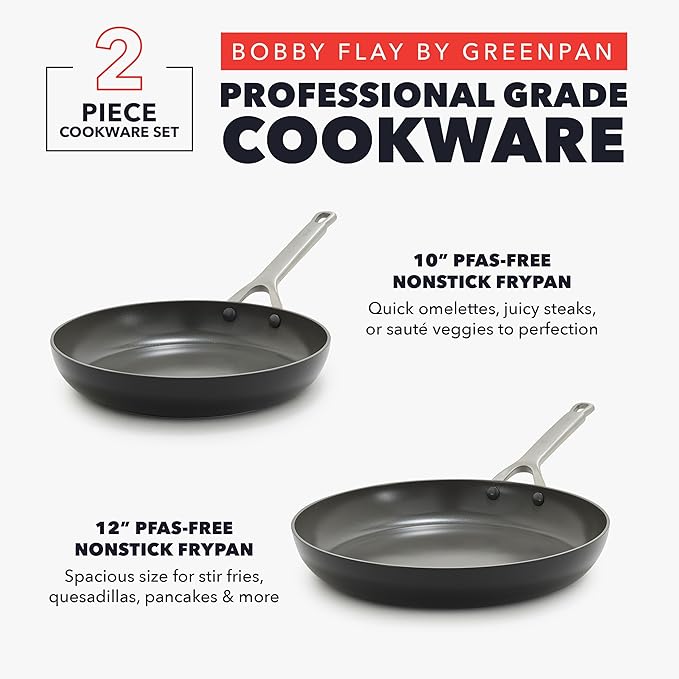 GreenPan x Bobby Flay 10” & 12” Ceramic Nonstick Frying Pan Set, PFAS-Free, Hard Anodized Cookware, Induction Compatible, Stainless Steel Handles, Oven & Broiler Safe to 600˚F, Dishwasher Safe, Black