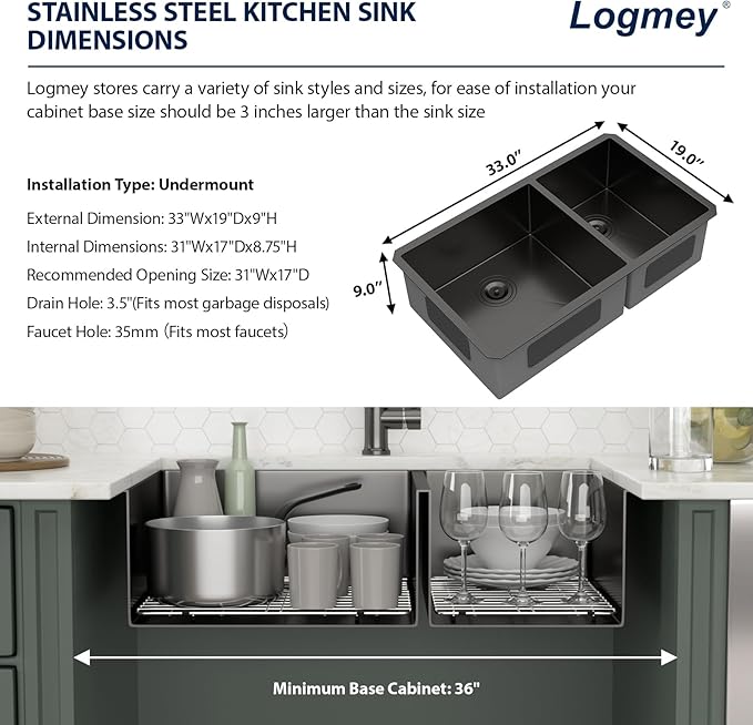 Logmey 33x19 Gunmetal Black Undermount Double Sink - 60/40 Double Bowl Stainless Steel Sink