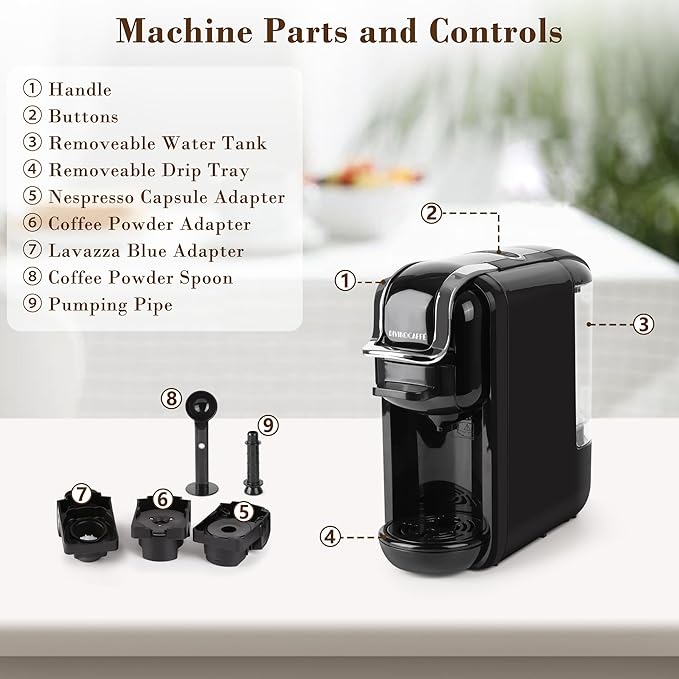Espresso Maker for Nespresso Capsule, Lavazza Blue Capsule & Coffee Powder, 19 Bar Pump Pressure Makes Authentic Espresso Coffee, Mini Espresso Coffee Machines with Removable Water Tank.