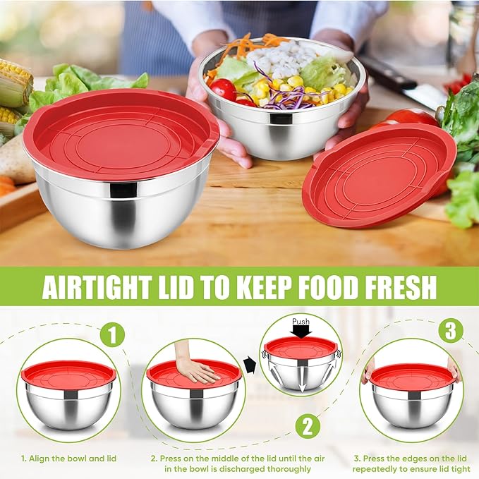 P&P CHEF Mixing Bowls with Airtight Lids Set of 5, 10-Piece Stainless Steel Mixing Nesting Bowl, Metal Bowl with Lid for Kitchen Prepping & Storing, Size 4.6, 3, 1.5, 1, 0.7 QT, Red