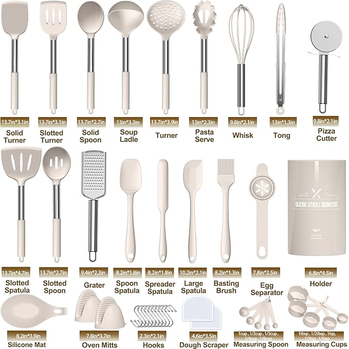 Umite Chef Silicone Kitchen Cooking Utensil Set, 43 pcs Spatula Set with Stainless Steel Handle, Non-stick Heat Resistant - Best Cookware Set-(Khaki)