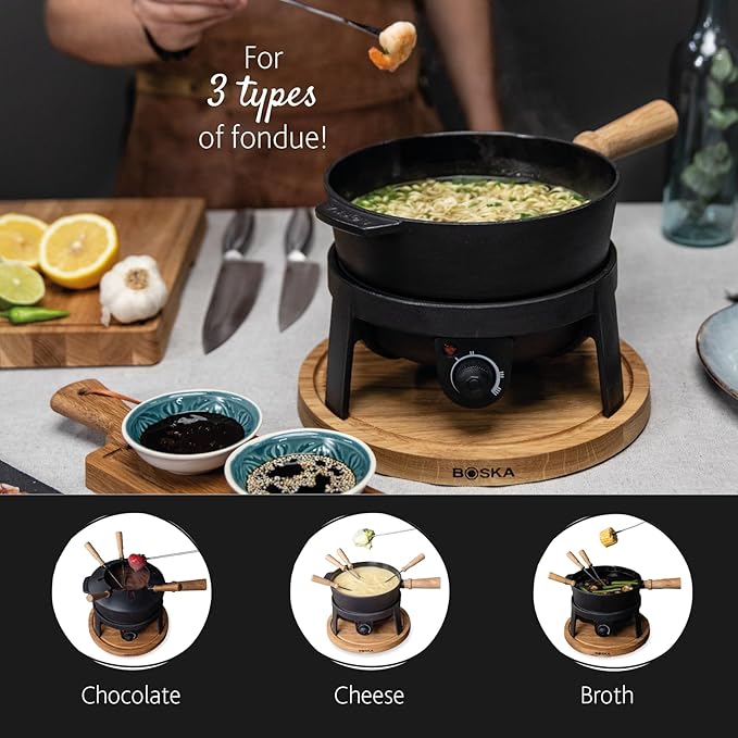 BOSKA Electric Fondue Set Pro/For Cheese, Chocolate and Broth Fondue / 8 people/Robust Cast-Iron/High Quality Materials/Splash Guard Included/Extra-long Cord/Black