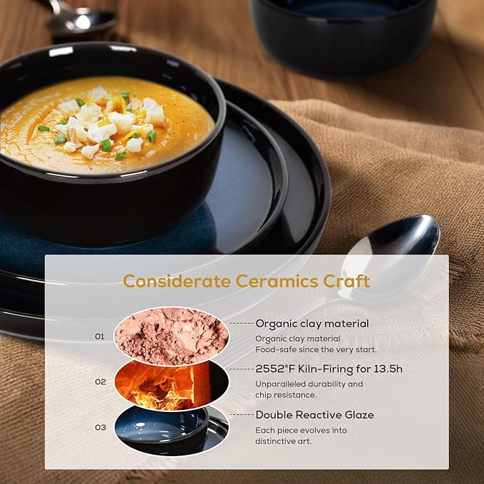 Romswi 16Pcs Dinnerware Set for 4, Stoneware Plates and Bowls Sets with Mugs, Chip & Scratch Resistant Dish Set, Handmade Reactive Glaze, Oven, Microwave and Dishwasher Safe, Dreamy Moonlight-Blue