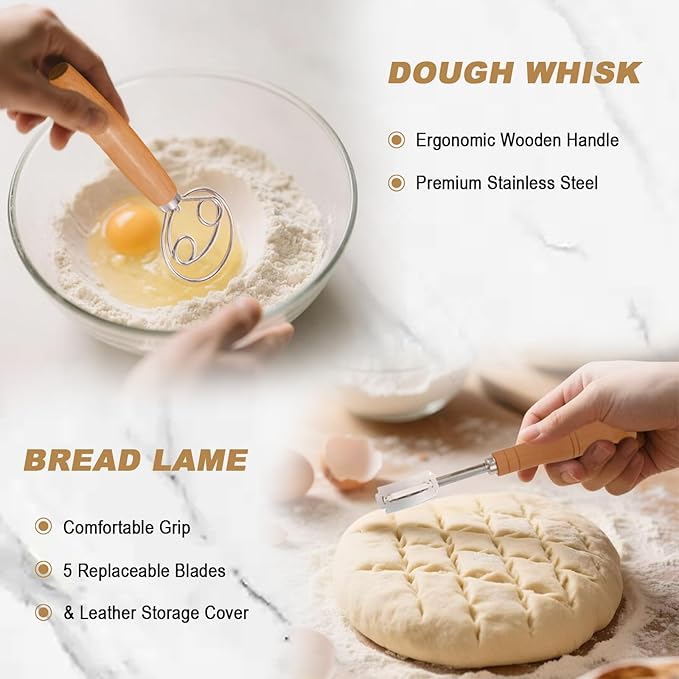 Banneton Bread Proofing Basket Set - 9" Round & 10" Oval Sourdough Baking Kit, Natural Indonesian Rattan with Linen Liners, Bread Lame, Danish Dough Whisk, Bowl Scraper and Sourdough Scraper