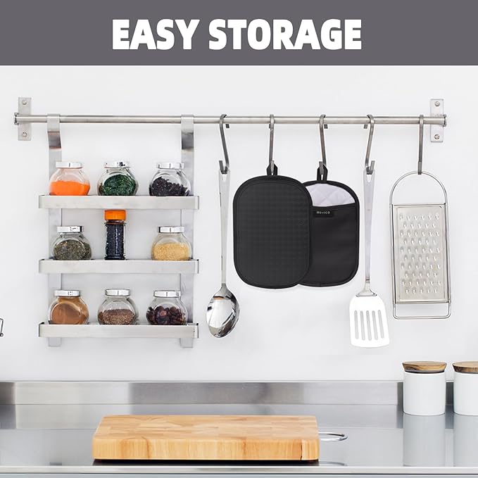 Hovico 2PCS Silicone Pot Holders, Oven Mitts Heat Resistant Hot Pads with Pockets, Non Slip Pot Holder for Kitchen Baking and Cooking| 9.8 x 7 Inches | Towel Cloth Interior Lining - Black