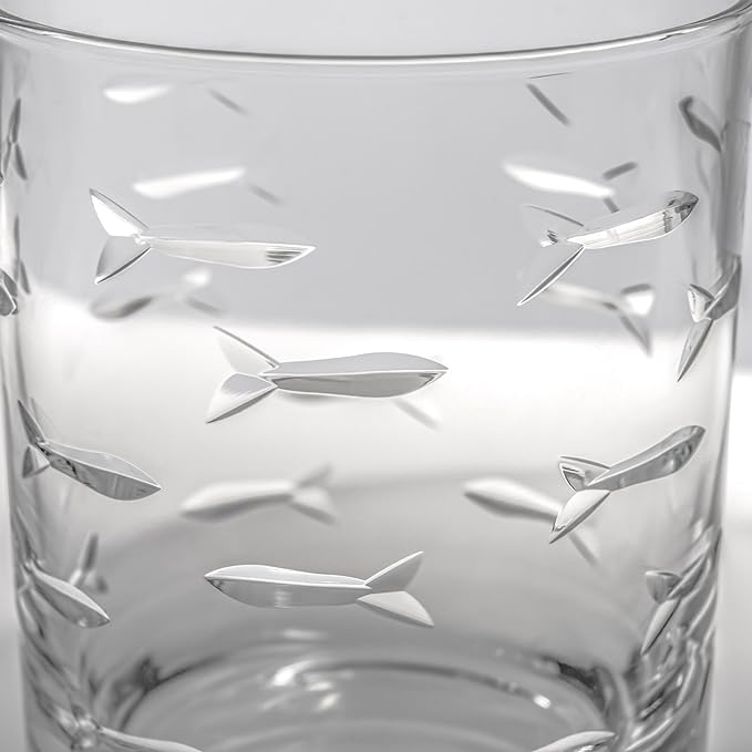 Rolf Glass School of Fish 13 oz Double Old Fashioned Whiskey Cocktail Glass | Set of 2 | Engraved Lead-free Tumbler Glasses | Made in the US